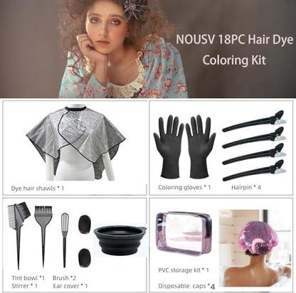 NOUSV 18-Piece Hair Dye Kit - Professional Hair Coloring Tools Set with Mixing Bowl, Tinting Brush, Cape & More for DIY At-Home Hair Color