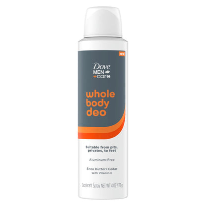 Dove Men+Care Whole Body Deo Aluminum-Free Deodorant Spray, Shea Butter + Cedar, Suitable for Pits, Privates, to Feet with Vitamin E, 4 oz