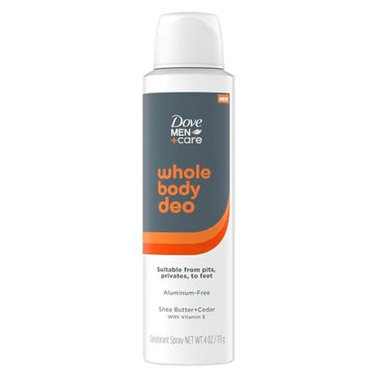 Dove Men+Care Whole Body Deo Aluminum-Free Deodorant Spray, Shea Butter + Cedar, Suitable for Pits, Privates, to Feet with Vitamin E, 4 oz