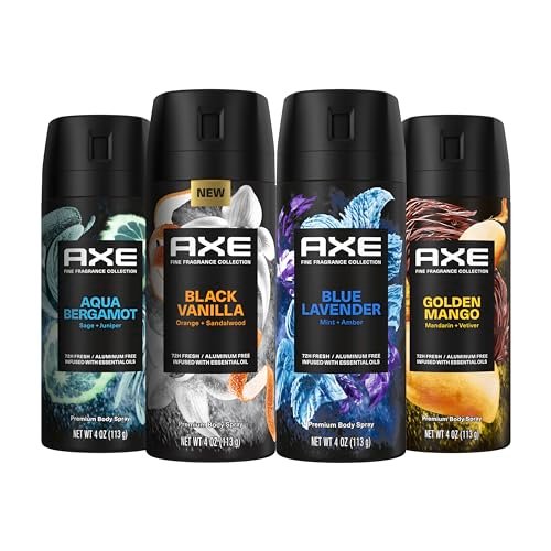 AXE Fine Fragrance Collection Premium Deodorant Body Spray for Men - Variety Pack (Blue Lavender, Aqua Bergamot, Golden Mango, Black Vanilla) - 4 Pack, 4 oz Each, Aluminum Free, 72H Odor Protection Avelisse