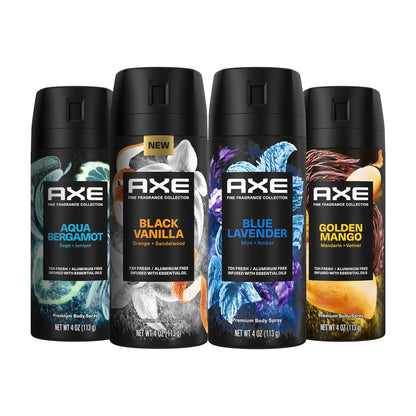 AXE Fine Fragrance Collection Premium Deodorant Body Spray for Men - Variety Pack (Blue Lavender, Aqua Bergamot, Golden Mango, Black Vanilla) - 4 Pack, 4 oz Each, Aluminum Free, 72H Odor Protection Avelisse