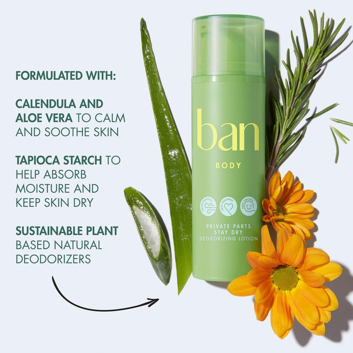 Ban Private Parts Deodorizing Lotion – Non-Toxic Sweat Absorbing Lotion for Sensitive Parts, Aluminum Free & Baking Soda Free, Soothing Aloe & Calendula, Light Scent, 1.5 Oz - görsel 7