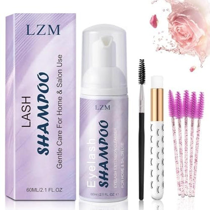 LZM Lash Shampoo Kit for Eyelash Extensions - Gentle Foaming Cleanser with Brush & Spoolies, 2.02 fl oz