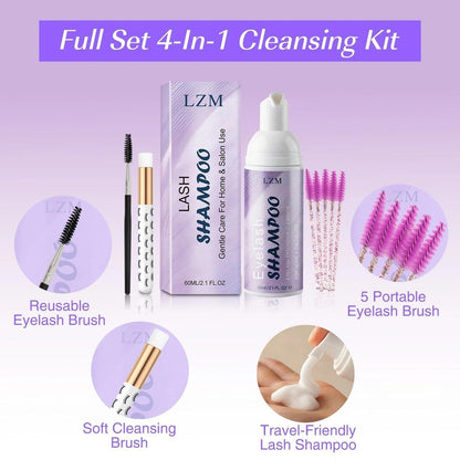 LZM Lash Shampoo Kit for Eyelash Extensions - Gentle Foaming Cleanser with Brush & Spoolies, 2.02 fl oz