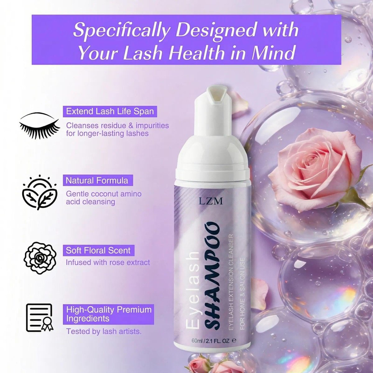 LZM Lash Shampoo Kit for Eyelash Extensions - Gentle Foaming Cleanser with Brush & Spoolies, 2.02 fl oz - görsel 5