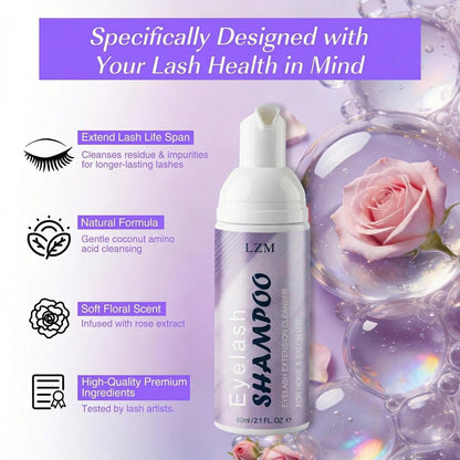 LZM Lash Shampoo Kit for Eyelash Extensions - Gentle Foaming Cleanser with Brush & Spoolies, 2.02 fl oz