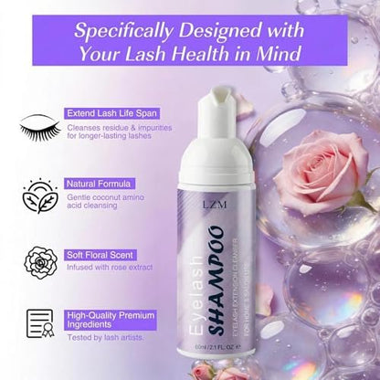 LZM Lash Shampoo Kit for Eyelash Extensions - Gentle Foaming Cleanser with Brush & Spoolies, 2.02 fl oz