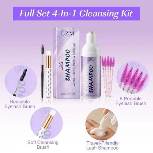LZM Lash Shampoo Kit for Eyelash Extensions - Gentle Foaming Cleanser with Brush & Spoolies, 2.02 fl oz - görsel 4