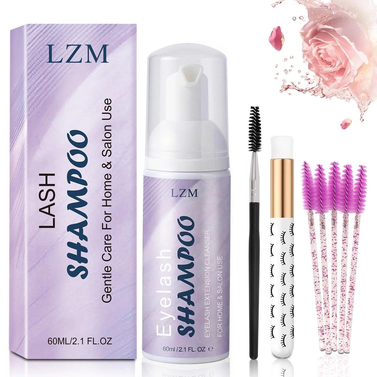 LZM Lash Shampoo Kit for Eyelash Extensions - Gentle Foaming Cleanser with Brush & Spoolies, 2.02 fl oz - görsel 1