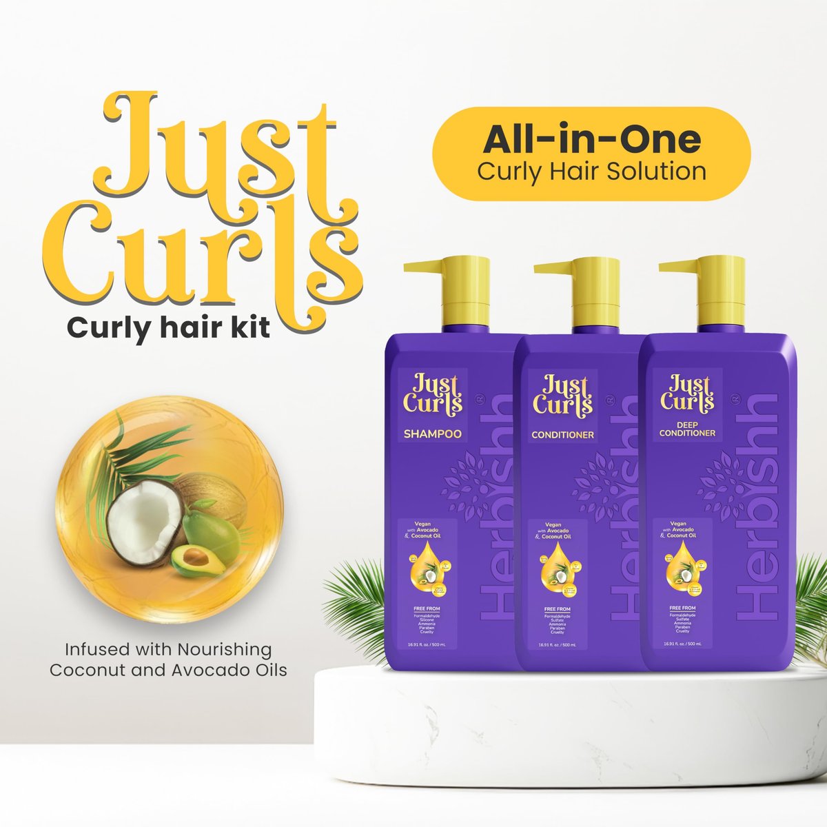 Herbishh Curly Hair Shampoo and Conditioner Set with Deep Conditioner for Women, Men (3 x 16.91 Fl Oz) – Definition for Wavy & Coily Hair, Reduce Frizz, Repair Damaged Dry Hair for All Curl Types Avelisse