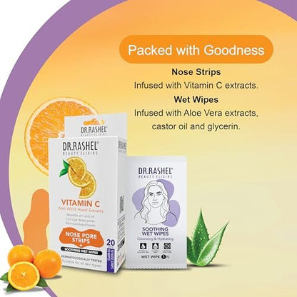 DR.RASHEL Vitamin C Nose Pore Strips – Instant & Painless Blackhead Removal, Deep Purifying, 20 Count (10 Strips + 10 Wipes)