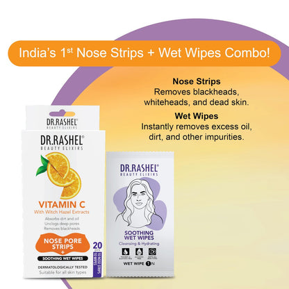DR.RASHEL Vitamin C Nose Pore Strips – Instant & Painless Blackhead Removal, Deep Purifying, 20 Count (10 Strips + 10 Wipes)