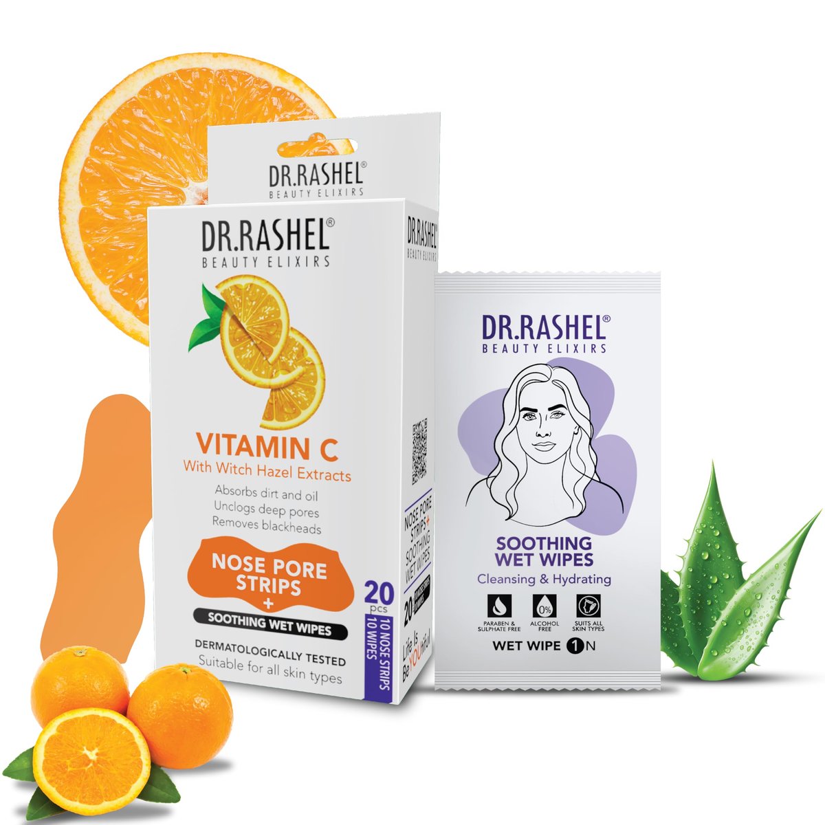 DR.RASHEL Vitamin C Nose Pore Strips – Instant & Painless Blackhead Removal, Deep Purifying, 20 Count (10 Strips + 10 Wipes) - görsel 1