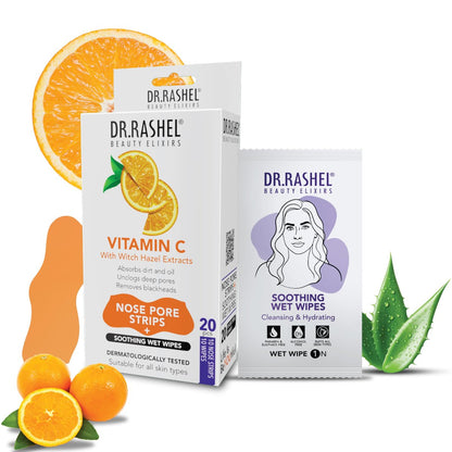 DR.RASHEL Vitamin C Nose Pore Strips – Instant & Painless Blackhead Removal, Deep Purifying, 20 Count (10 Strips + 10 Wipes)