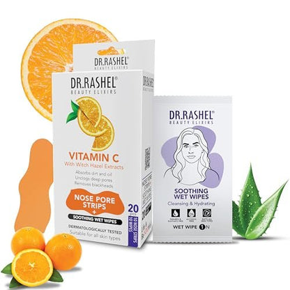 DR.RASHEL Vitamin C Nose Pore Strips – Instant & Painless Blackhead Removal, Deep Purifying, 20 Count (10 Strips + 10 Wipes)