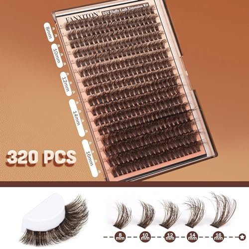 Brown Lash Clusters 320 Pcs DIY Lash Extension Kit – Natural Look Cluster Lashes D 8-16 mm Mixed with Lash Bond and Seal, Tweezer for Home Use Avelisse