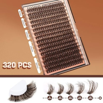 Brown Lash Clusters 320 Pcs DIY Lash Extension Kit – Natural Look Cluster Lashes D 8-16 mm Mixed with Lash Bond and Seal, Tweezer for Home Use Avelisse