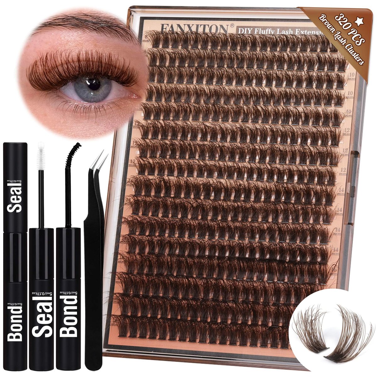 Brown Lash Clusters 320 Pcs DIY Lash Extension Kit – Natural Look Cluster Lashes D 8-16 mm Mixed with Lash Bond and Seal, Tweezer for Home Use Avelisse