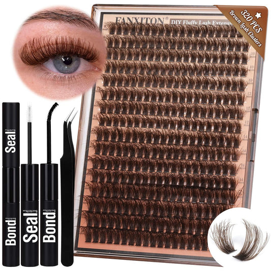 Brown Lash Clusters 320 Pcs DIY Lash Extension Kit – Natural Look Cluster Lashes D 8-16 mm Mixed with Lash Bond and Seal, Tweezer for Home Use Avelisse