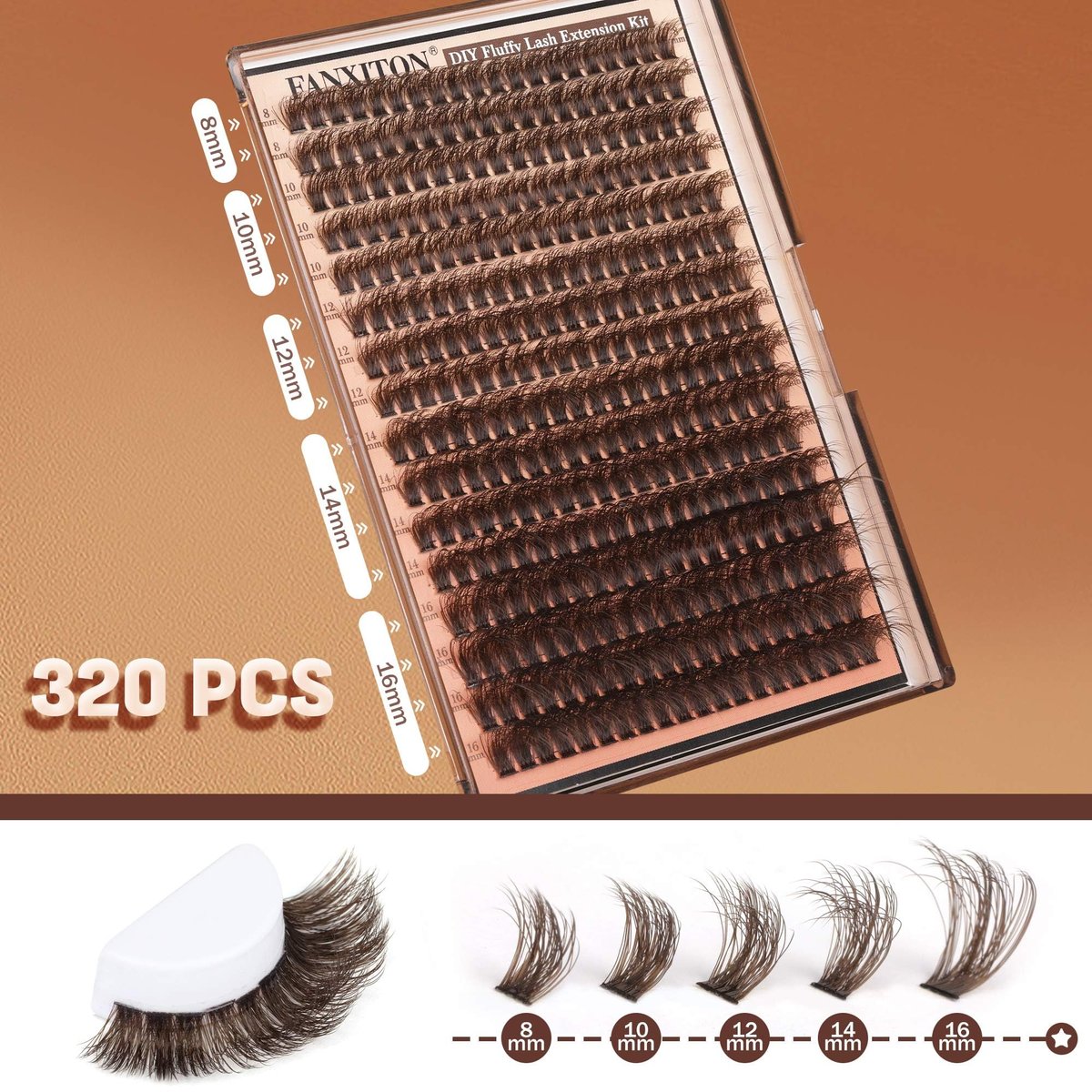 Brown Lash Clusters 320 Pcs DIY Lash Extension Kit – Natural Look Cluster Lashes D 8-16 mm Mixed with Lash Bond and Seal, Tweezer for Home Use Avelisse