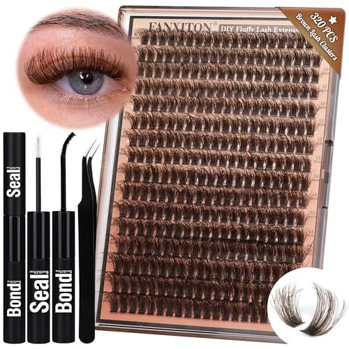 Brown Lash Clusters 320 Pcs DIY Lash Extension Kit – Natural Look Cluster Lashes D 8-16 mm Mixed with Lash Bond and Seal, Tweezer for Home Use Avelisse
