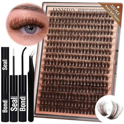 Brown Lash Clusters 320 Pcs DIY Lash Extension Kit – Natural Look Cluster Lashes D 8-16 mm Mixed with Lash Bond and Seal, Tweezer for Home Use Avelisse