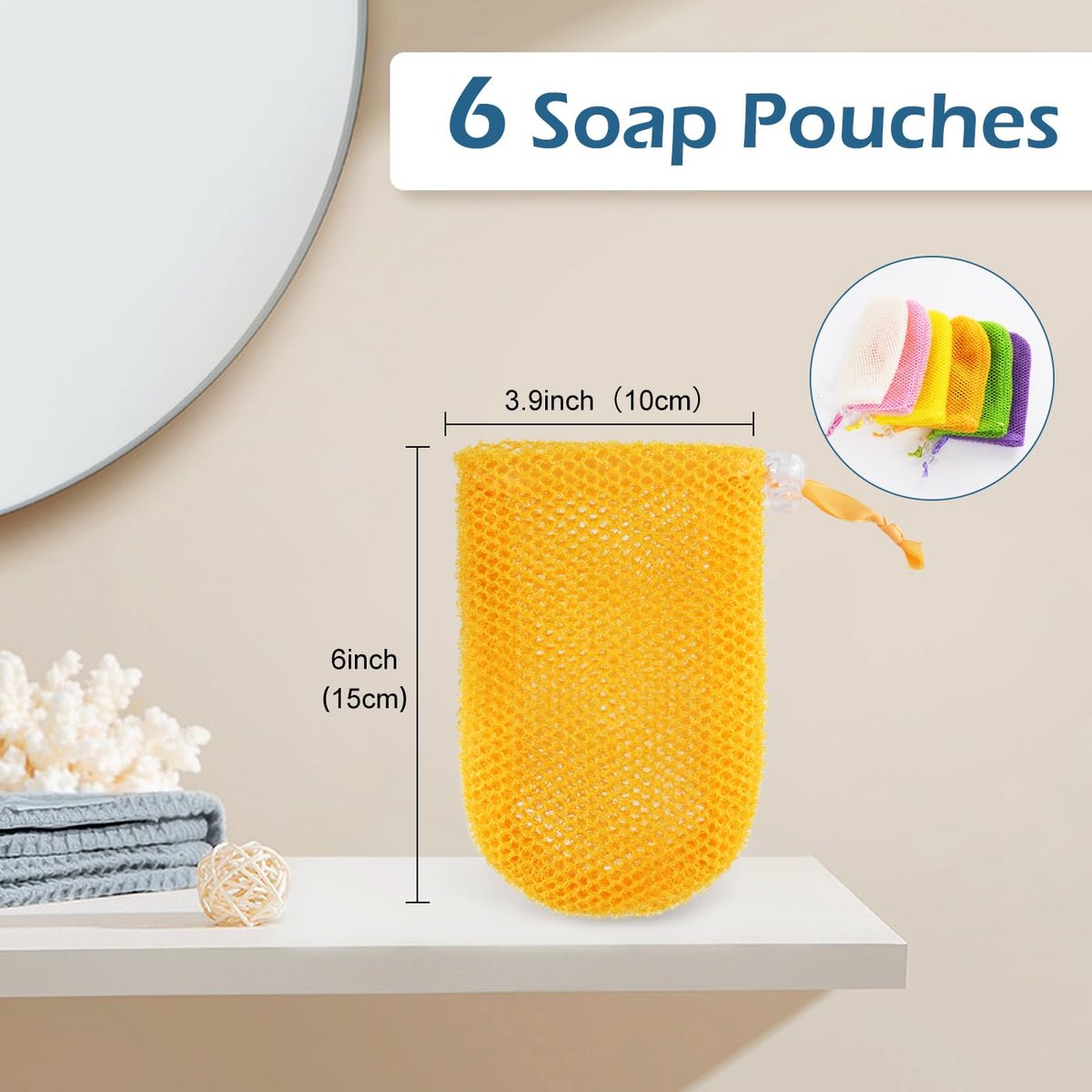 6 Pack Mesh Soap Bags for Bar Soap - Hangable Nylon Soap Pouch with Drawstring, Colorful Soap Saver Bags for Shower, 3.9 x 6 Inches - görsel 3