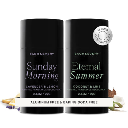 Each & Every Aluminum Free Deodorant for Women & Men – Natural Fragrance All Day Odor Protection, Sensitive Skin, EWG Verified Baking Soda Free - Lavender & Lemon + Coconut & Lime 2 Pack, 2.5oz Avelisse
