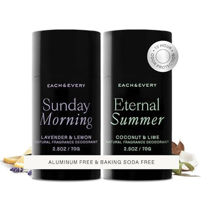Each & Every Aluminum Free Deodorant for Women & Men – Natural Fragrance All Day Odor Protection, Sensitive Skin, EWG Verified Baking Soda Free - Lavender & Lemon + Coconut & Lime 2 Pack, 2.5oz Avelisse