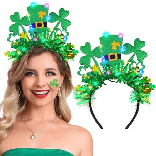 JEAIRTS Light Up St. Patrick's Hat Headband - Green Shamrock Hair Hoop Glowing Irish Headpiece LED Costume Hair Accessories (Style A) - görsel 2
