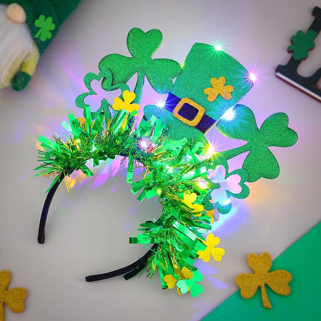 JEAIRTS Light Up St. Patrick's Hat Headband - Green Shamrock Hair Hoop Glowing Irish Headpiece LED Costume Hair Accessories (Style A) - görsel 3