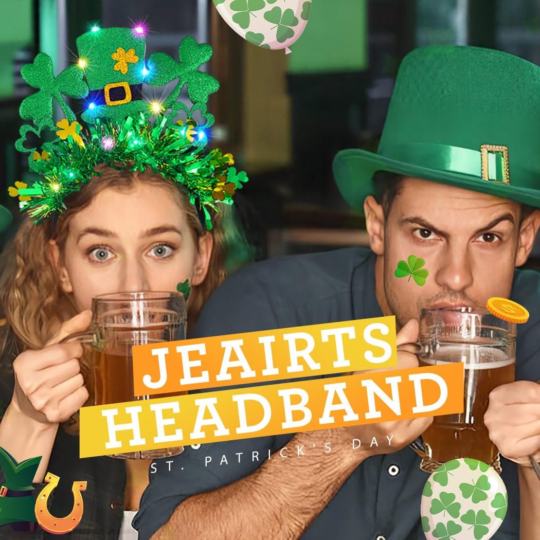 JEAIRTS Light Up St. Patrick's Hat Headband - Green Shamrock Hair Hoop Glowing Irish Headpiece LED Costume Hair Accessories (Style A) - görsel 9