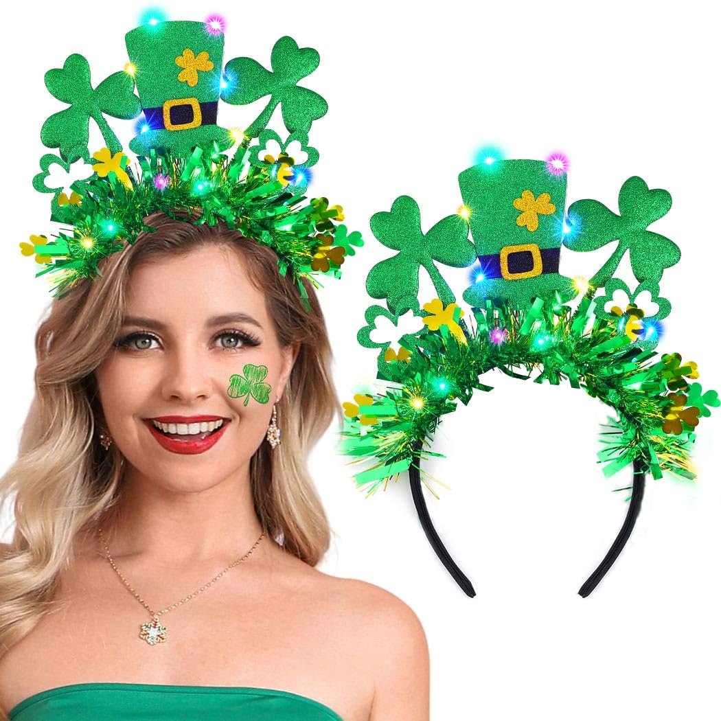 JEAIRTS Light Up St. Patrick's Hat Headband - Green Shamrock Hair Hoop Glowing Irish Headpiece LED Costume Hair Accessories (Style A) - görsel 1