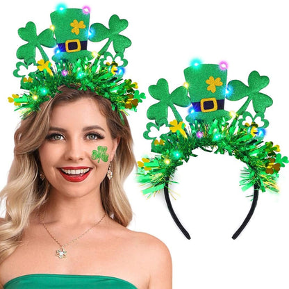 JEAIRTS Light Up St. Patrick's Hat Headband - Green Shamrock Hair Hoop Glowing Irish Headpiece LED Costume Hair Accessories (Style A)