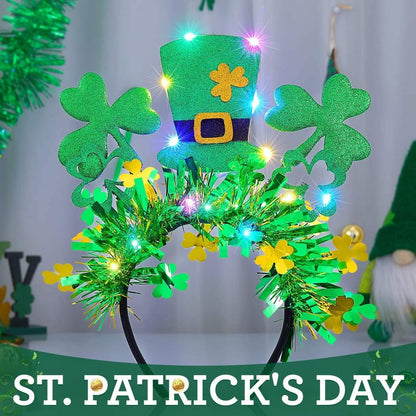 JEAIRTS Light Up St. Patrick's Hat Headband - Green Shamrock Hair Hoop Glowing Irish Headpiece LED Costume Hair Accessories (Style A)