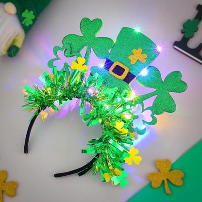 JEAIRTS Light Up St. Patrick's Hat Headband - Green Shamrock Hair Hoop Glowing Irish Headpiece LED Costume Hair Accessories (Style A)