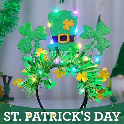 JEAIRTS Light Up St. Patrick's Hat Headband - Green Shamrock Hair Hoop Glowing Irish Headpiece LED Costume Hair Accessories (Style A)