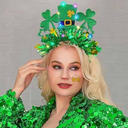 JEAIRTS Light Up St. Patrick's Hat Headband - Green Shamrock Hair Hoop Glowing Irish Headpiece LED Costume Hair Accessories (Style A)