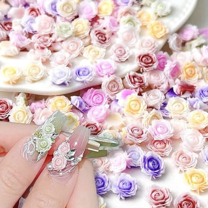 100 Pcs Cute Flower Nail Charms - Mixed Size Floral 3D Resin Camellia Rose Nail Art Decorations