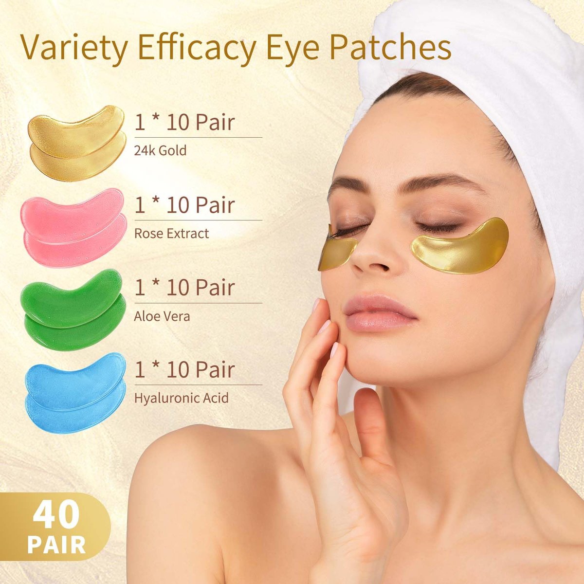Under Eye Patches 40 Pairs - Gold Eye Mask for Dark Circles, Puffy Eyes, Wrinkles with Hyaluronic Acid, Rose & Aloe Vera - Eye Treatment for Men & Women - görsel 4