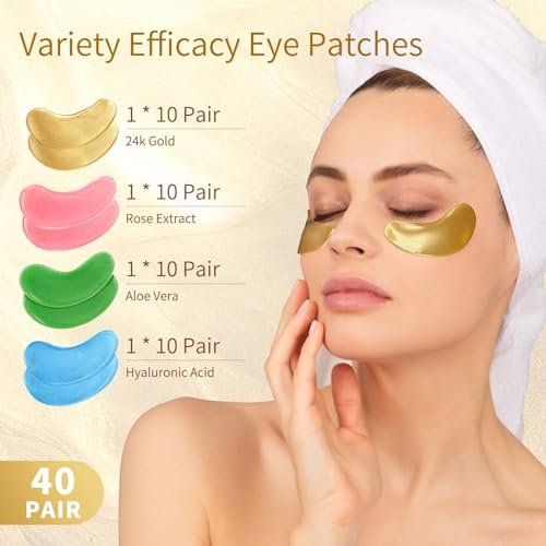 Under Eye Patches 40 Pairs - Gold Eye Mask for Dark Circles, Puffy Eyes, Wrinkles with Hyaluronic Acid, Rose & Aloe Vera - Eye Treatment for Men & Women - görsel 3