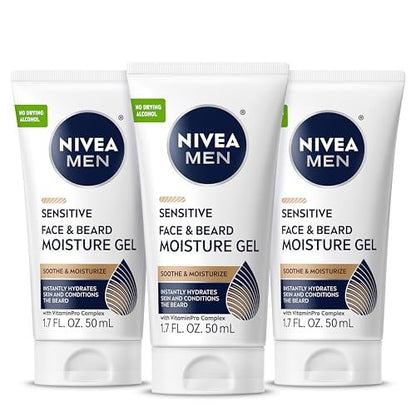 NIVEA MEN Sensitive Face and Beard Moisture Gel – Gentle Face and Beard Moisturizer for Men, Instantly Hydrates Skin and Conditions Beards, 1.7 Fl Oz Tube (Pack of 3) Avelisse