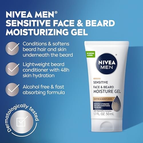 NIVEA MEN Sensitive Face and Beard Moisture Gel – Gentle Face and Beard Moisturizer for Men, Instantly Hydrates Skin and Conditions Beards, 1.7 Fl Oz Tube (Pack of 3) Avelisse