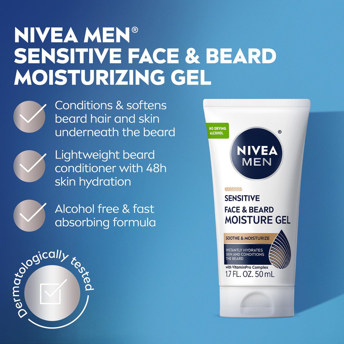 NIVEA MEN Sensitive Face and Beard Moisture Gel – Gentle Face and Beard Moisturizer for Men, Instantly Hydrates Skin and Conditions Beards, 1.7 Fl Oz Tube (Pack of 3) Avelisse