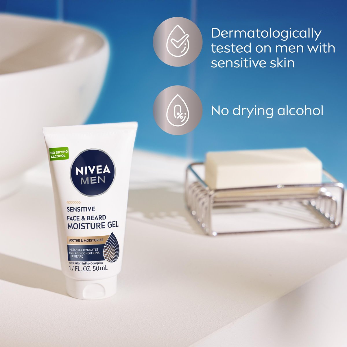 NIVEA MEN Sensitive Face and Beard Moisture Gel – Gentle Face and Beard Moisturizer for Men, Instantly Hydrates Skin and Conditions Beards, 1.7 Fl Oz Tube (Pack of 3) Avelisse