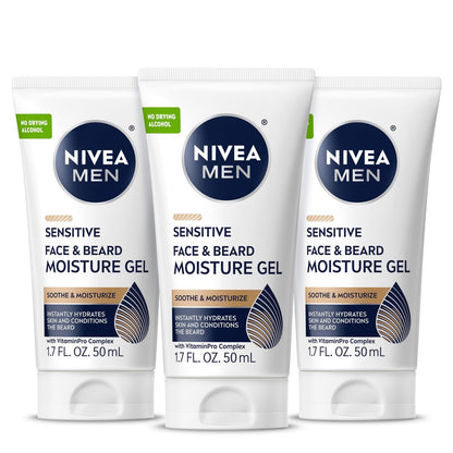 NIVEA MEN Sensitive Face and Beard Moisture Gel – Gentle Face and Beard Moisturizer for Men, Instantly Hydrates Skin and Conditions Beards, 1.7 Fl Oz Tube (Pack of 3) Avelisse