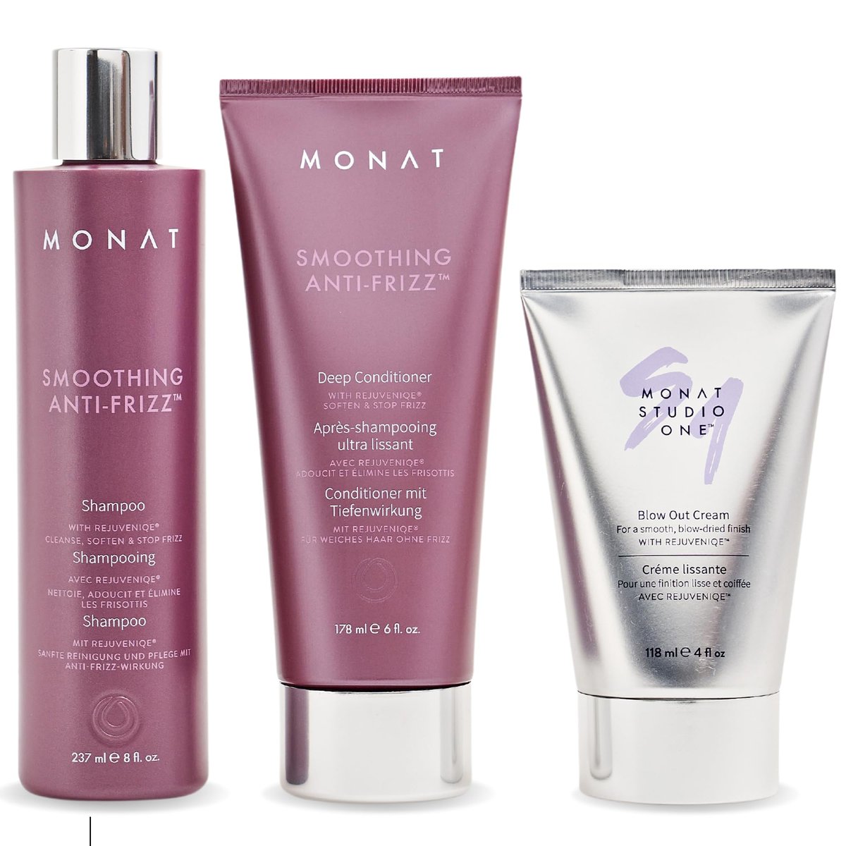 MONAT Smoothing Anti Frizz Shampoo, Deep Intensive Treatment & Blow Out Cream - Frizzy Hair Care Pack - Vegan, Natural, Heat Damage Protection, Strengthens Hair - 3 Products - görsel 1