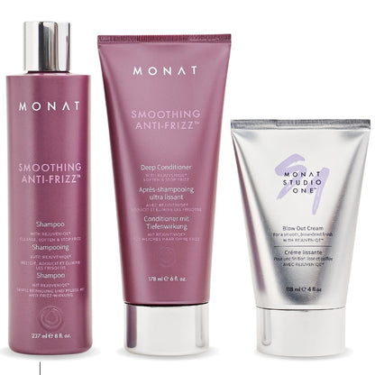 MONAT Smoothing Anti Frizz Shampoo, Deep Intensive Treatment & Blow Out Cream - Frizzy Hair Care Pack - Vegan, Natural, Heat Damage Protection, Strengthens Hair - 3 Products