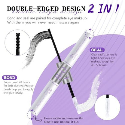 B&Q Lash Bond and Seal: Waterproof Latex-Free Lash Glue & Adhesive with Precision Brush, Clear Quick Dry Formula for Sensitive Eyes, Strong Long Lasting Hold for DIY Fluffy Cluster Lashes Extensions