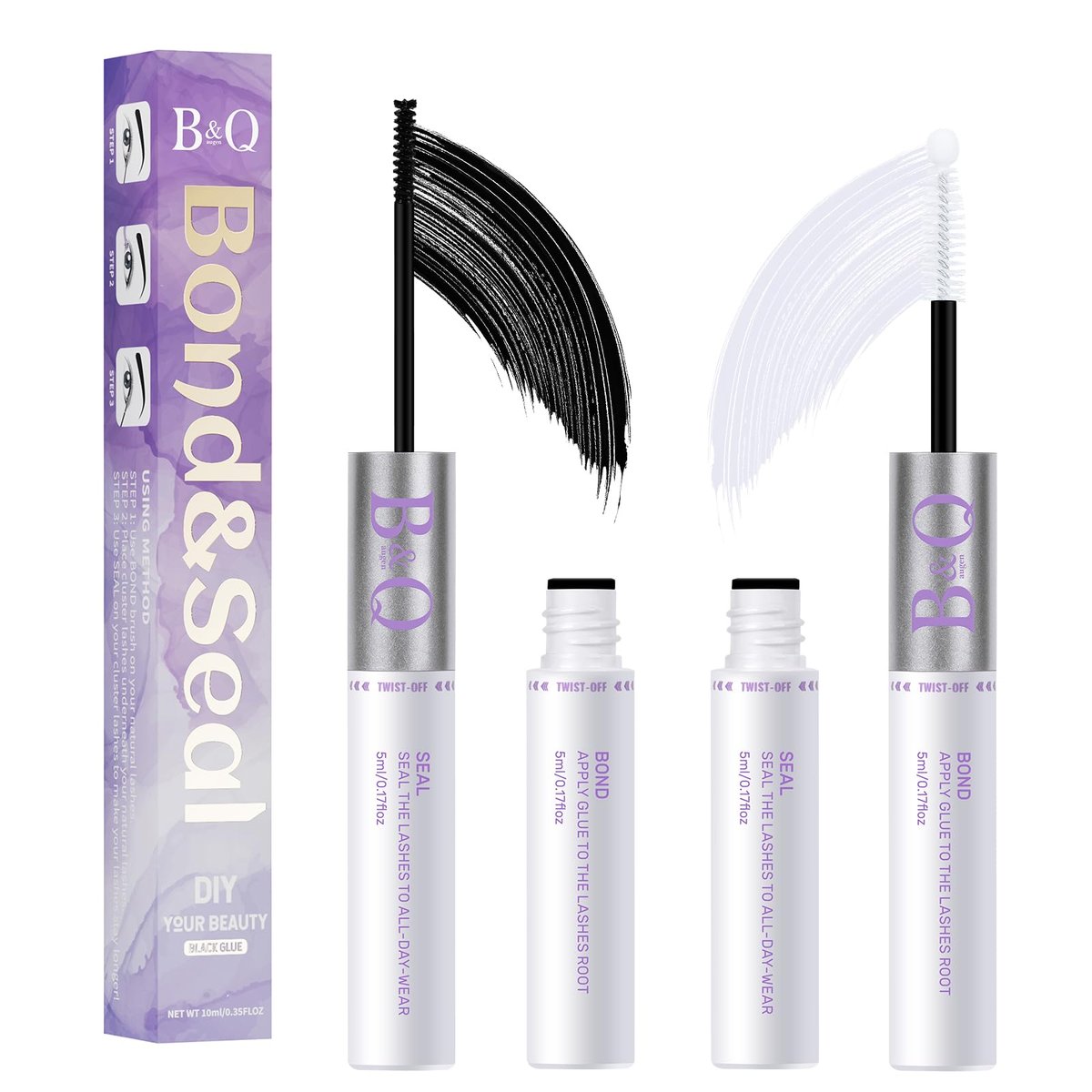 B&Q Lash Bond and Seal: Waterproof Latex-Free Lash Glue & Adhesive with Precision Brush, Clear Quick Dry Formula for Sensitive Eyes, Strong Long Lasting Hold for DIY Fluffy Cluster Lashes Extensions - görsel 1